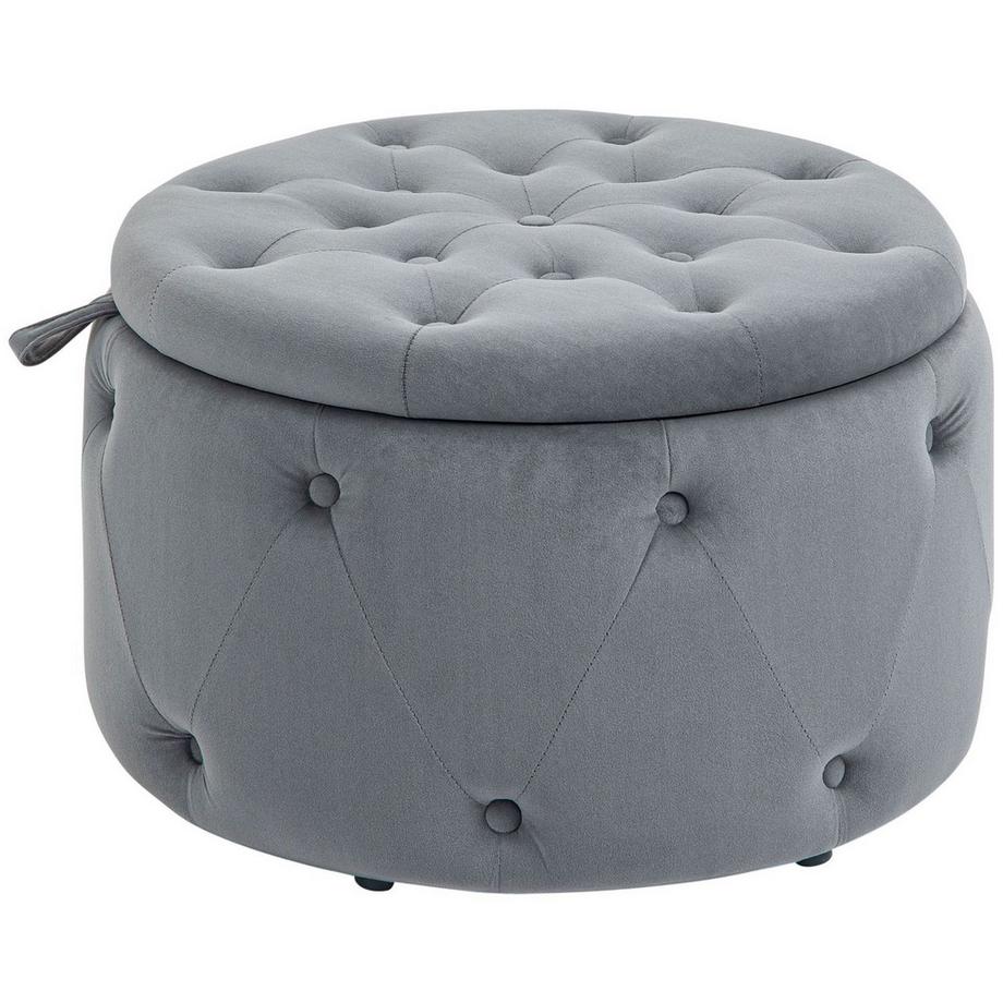 Sgabello Con Vano Portaoggetti, Sgabello Imbottito Con Coperchio, Pouf Rotondo, Cassapanca Con Aspetto Velluto, Grigio, Ø60 X 40 Cm