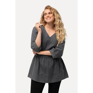 Ulla Popken  Blouse en jean à col en V et manches 3/4, couture horizontale - silhouette en A 