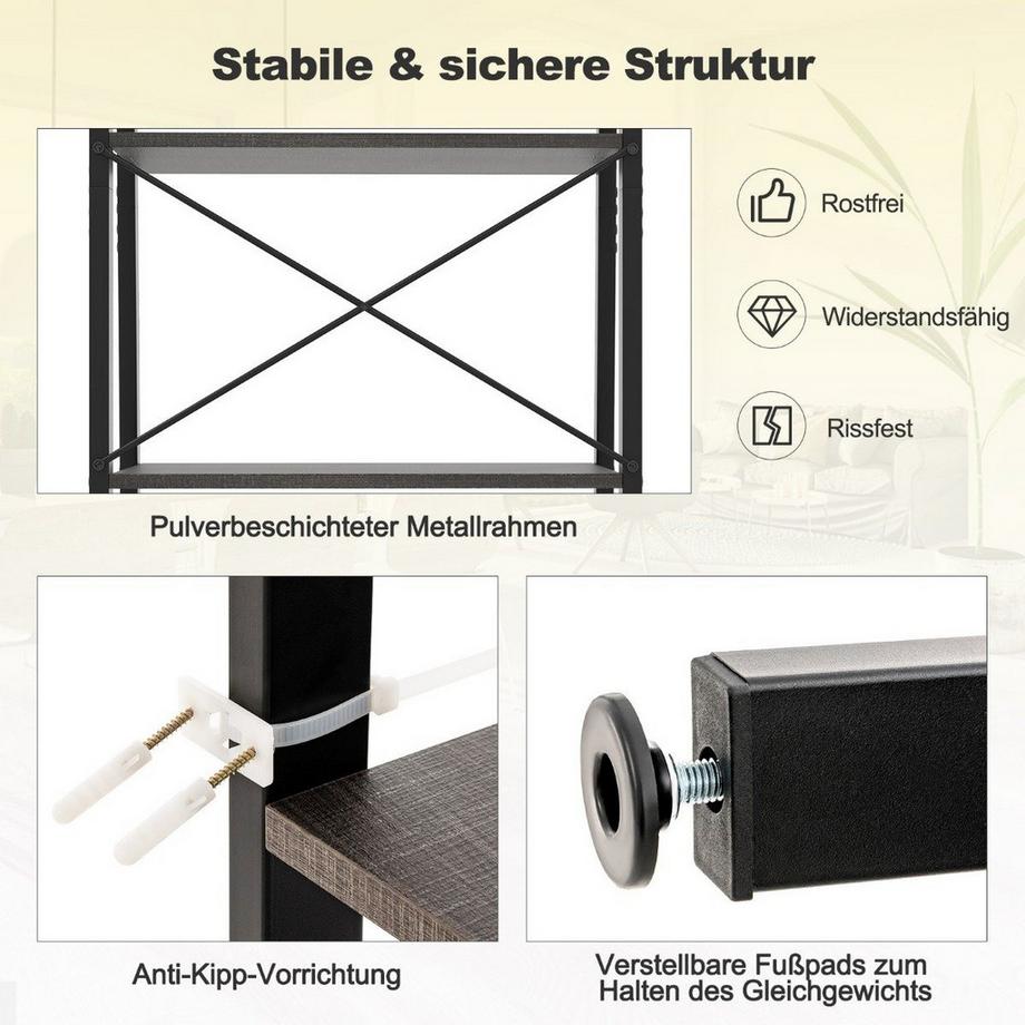 B2X Bücherregal Regal mit 4 Ebenen Leiterregal Holz mit Kippsicherungen & verstellbaren Fußpolstern Dunkelbraun  
