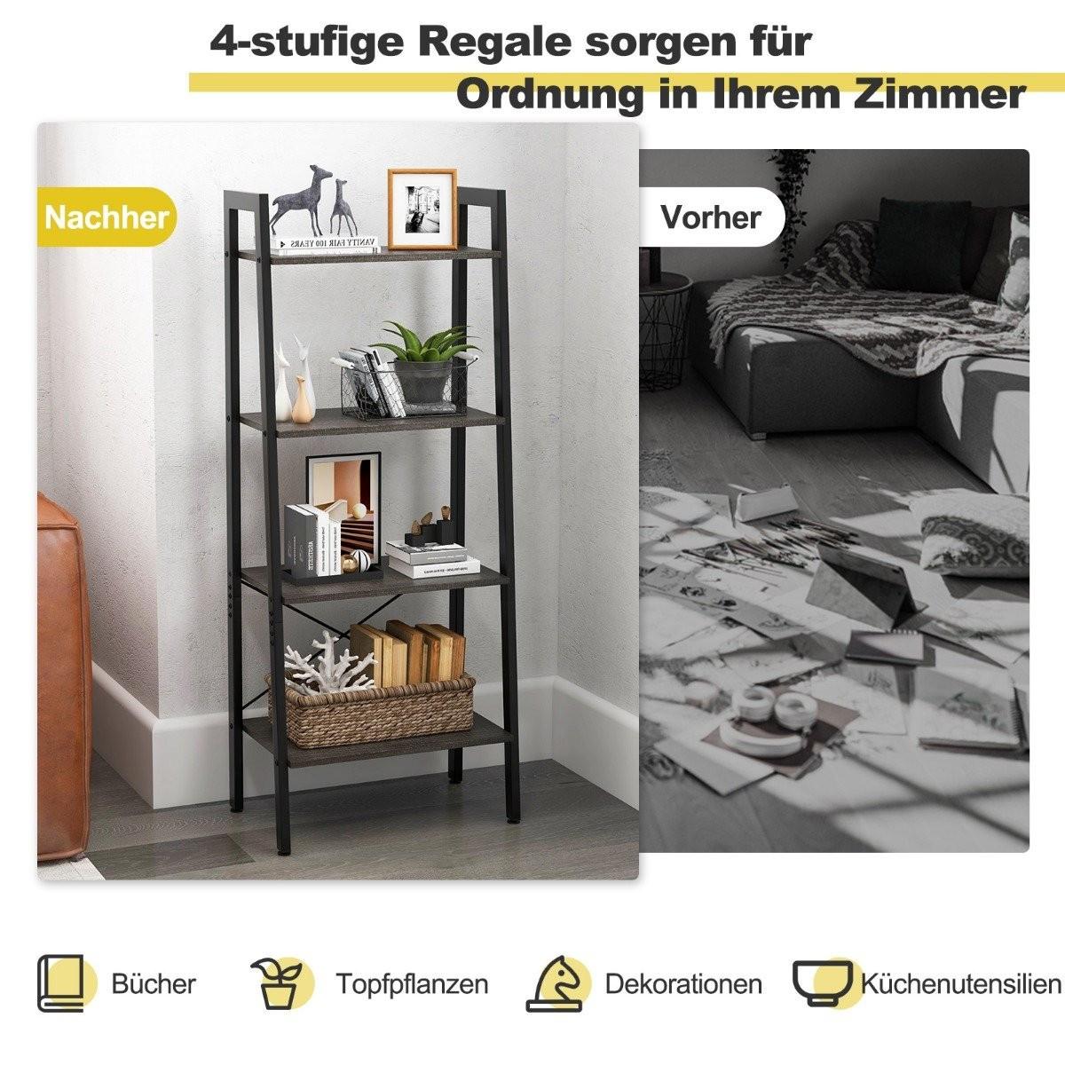 B2X Bücherregal Regal mit 4 Ebenen Leiterregal Holz mit Kippsicherungen & verstellbaren Fußpolstern Dunkelbraun  