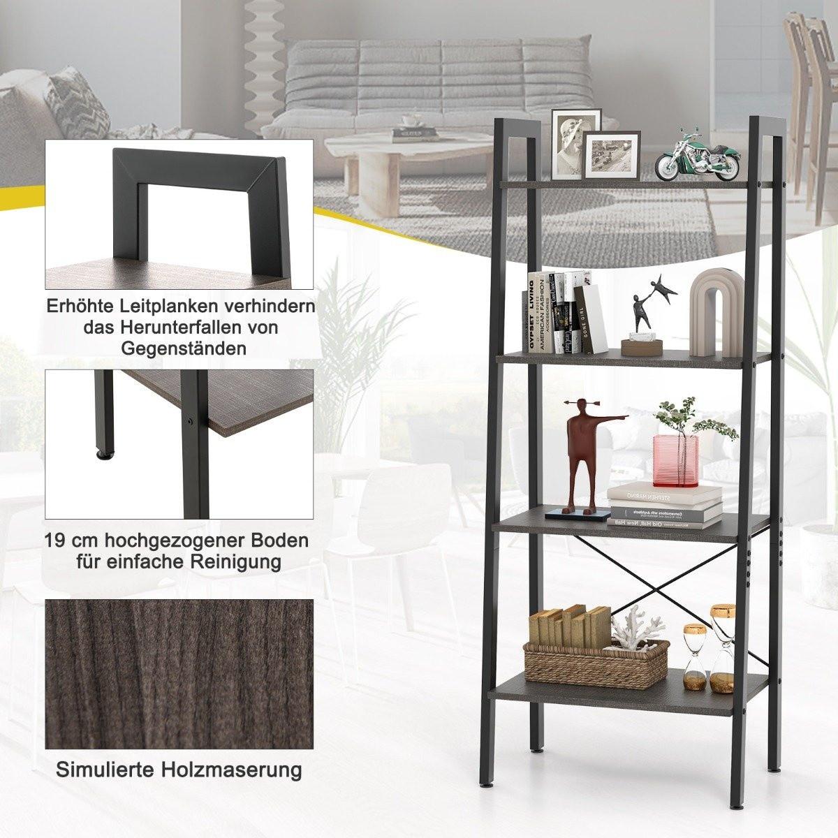 B2X Bücherregal Regal mit 4 Ebenen Leiterregal Holz mit Kippsicherungen & verstellbaren Fußpolstern Dunkelbraun  