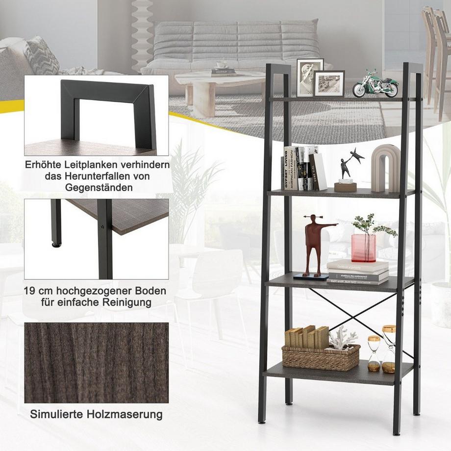 B2X Bücherregal Regal mit 4 Ebenen Leiterregal Holz mit Kippsicherungen & verstellbaren Fußpolstern Dunkelbraun  