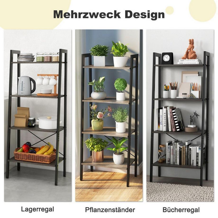 Bücherregal Regal mit 4 Ebenen Leiterregal Holz mit Kippsicherungen & verstellbaren Fußpolstern Dunkelbraun