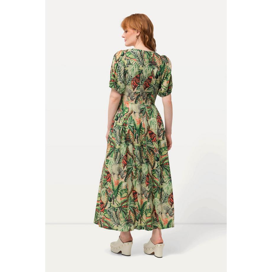 Ulla Popken Robe Feuilles Mélange de Lin Col Rond Manches Courtes  