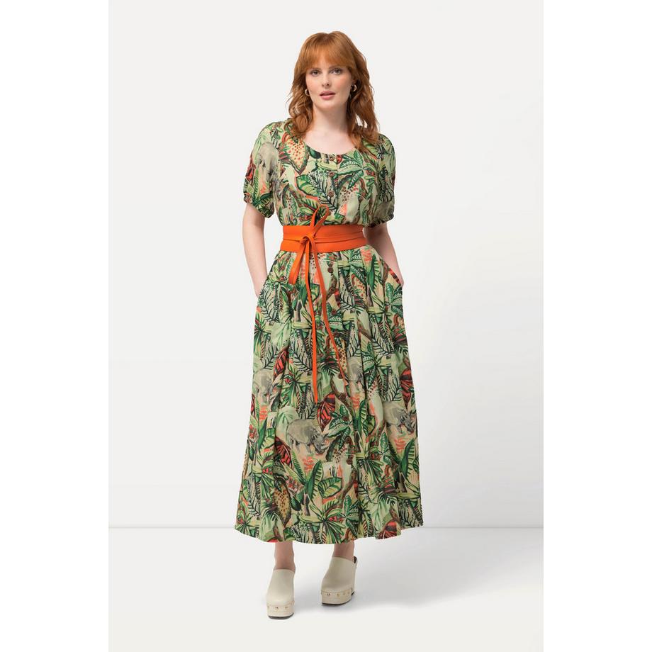 Ulla Popken Robe Feuilles Mélange de Lin Col Rond Manches Courtes  