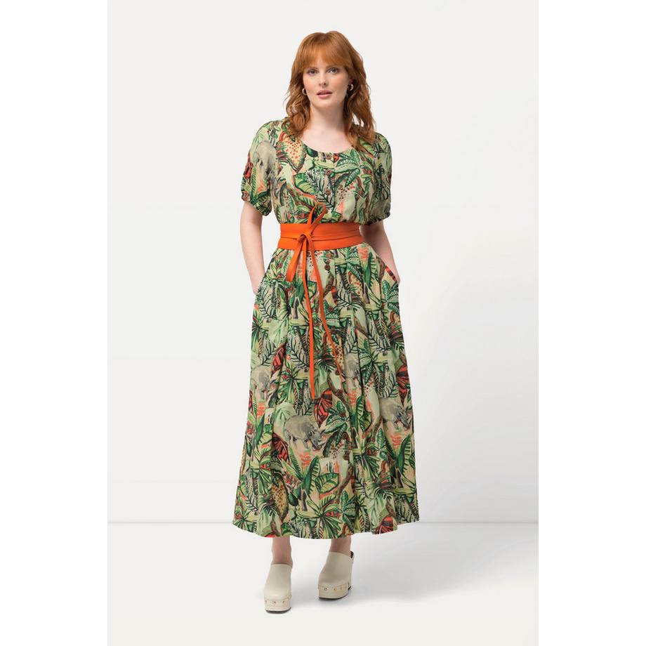Ulla Popken Robe Feuilles Mélange de Lin Col Rond Manches Courtes  
