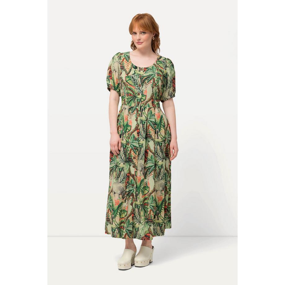 Ulla Popken Robe Feuilles Mélange de Lin Col Rond Manches Courtes  