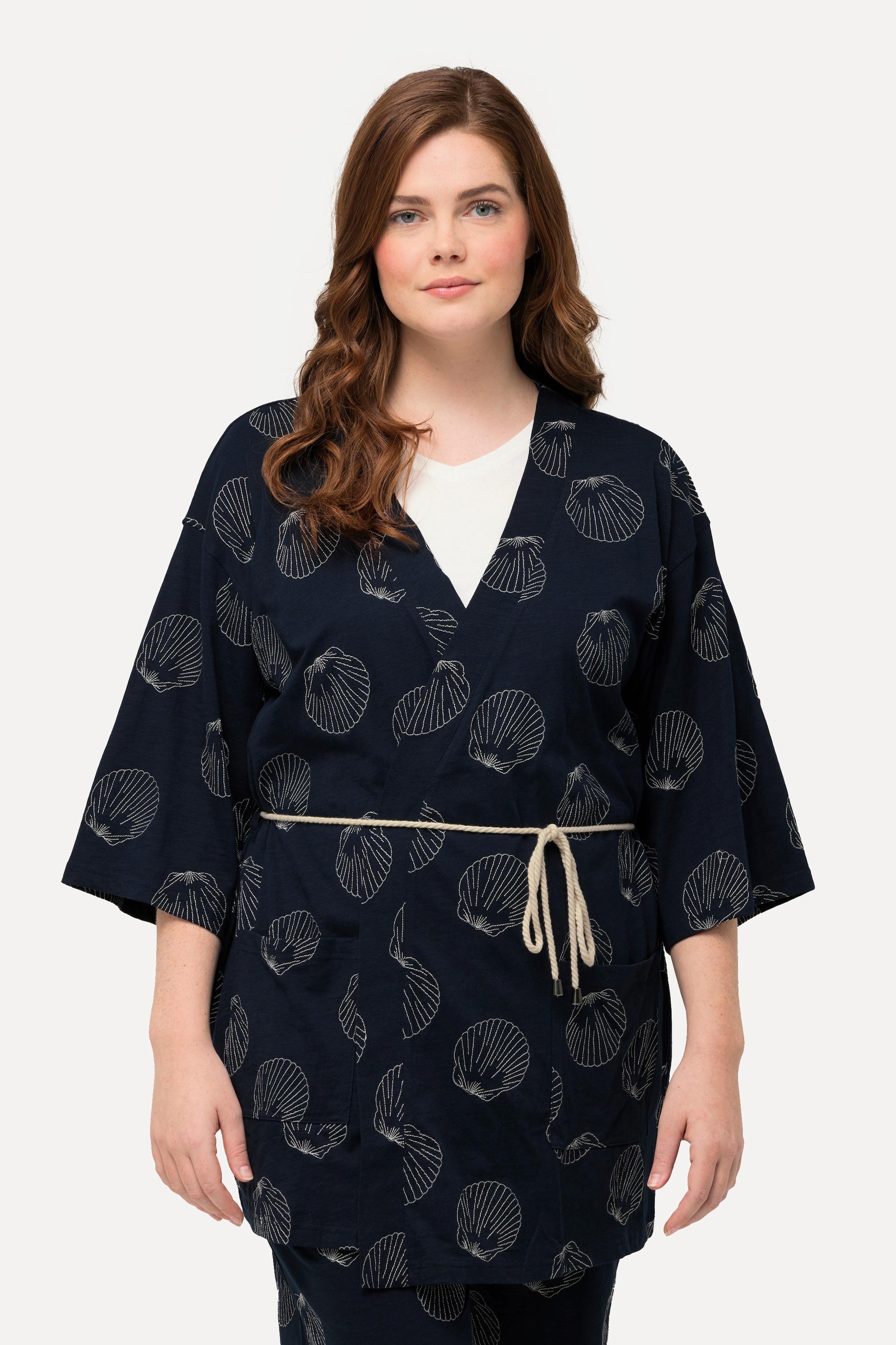 Ulla Popken  Kimono in cotone biologico con ricami, scollo a V e maniche a 3/4 