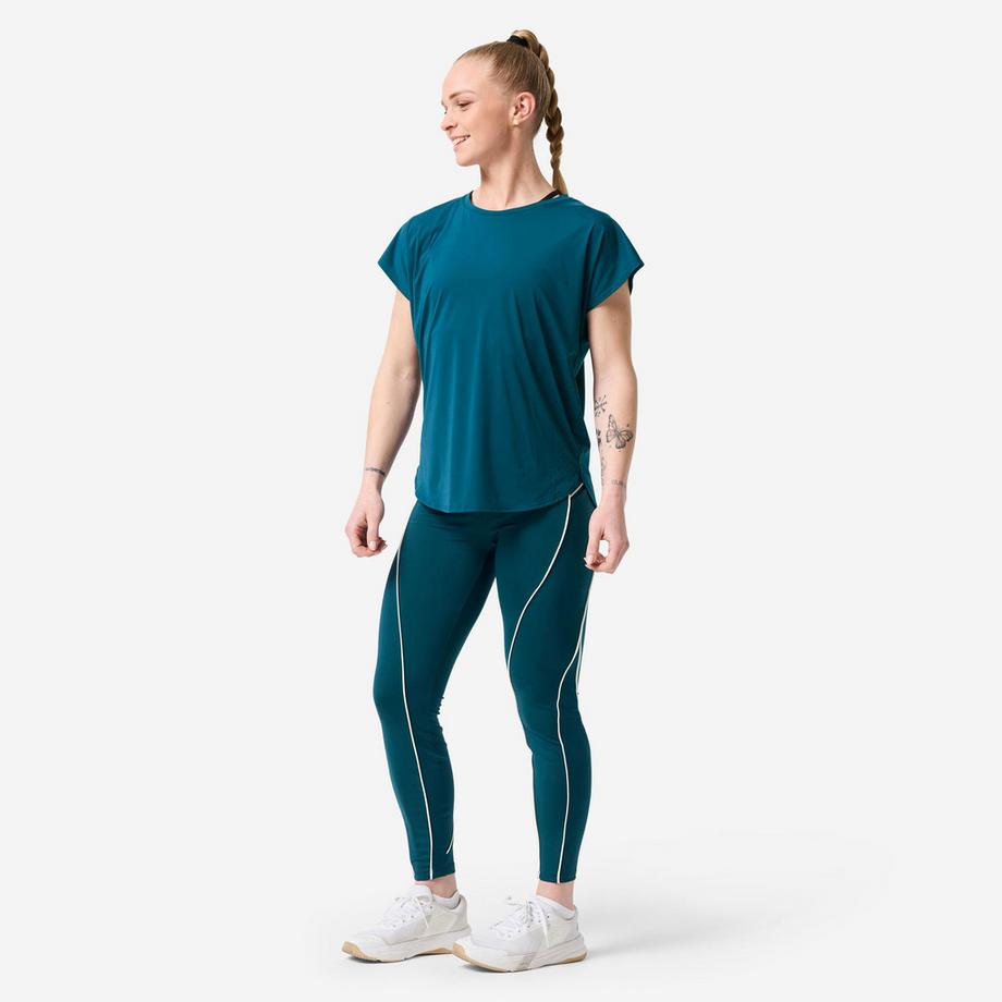 DOMYOS  Leggings mit hoher Taille ,grün, mit weisser Paspel 