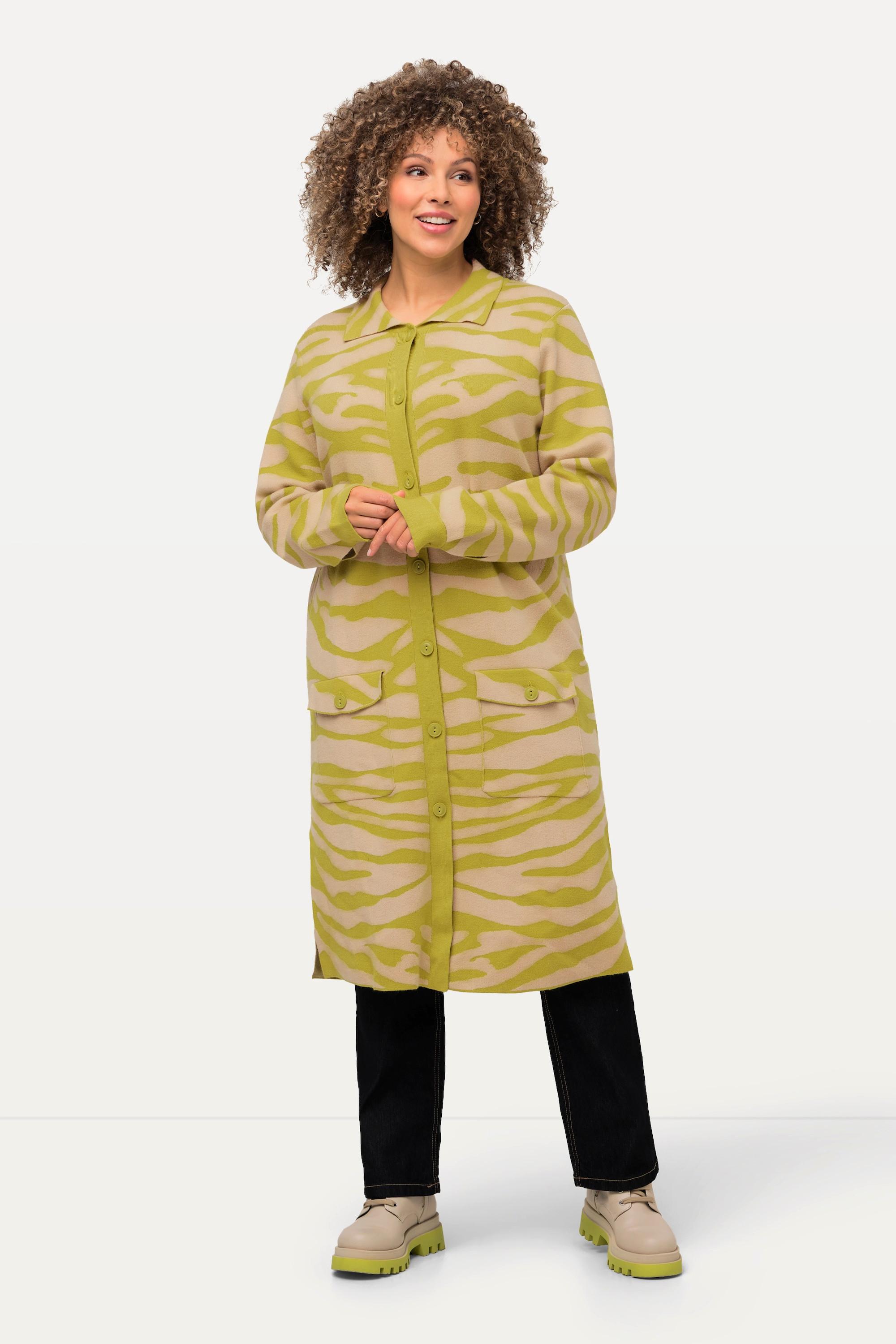 Ulla Popken Zebramuster Regular Fit Strickjacke Hemdkragen Brusttaschen  