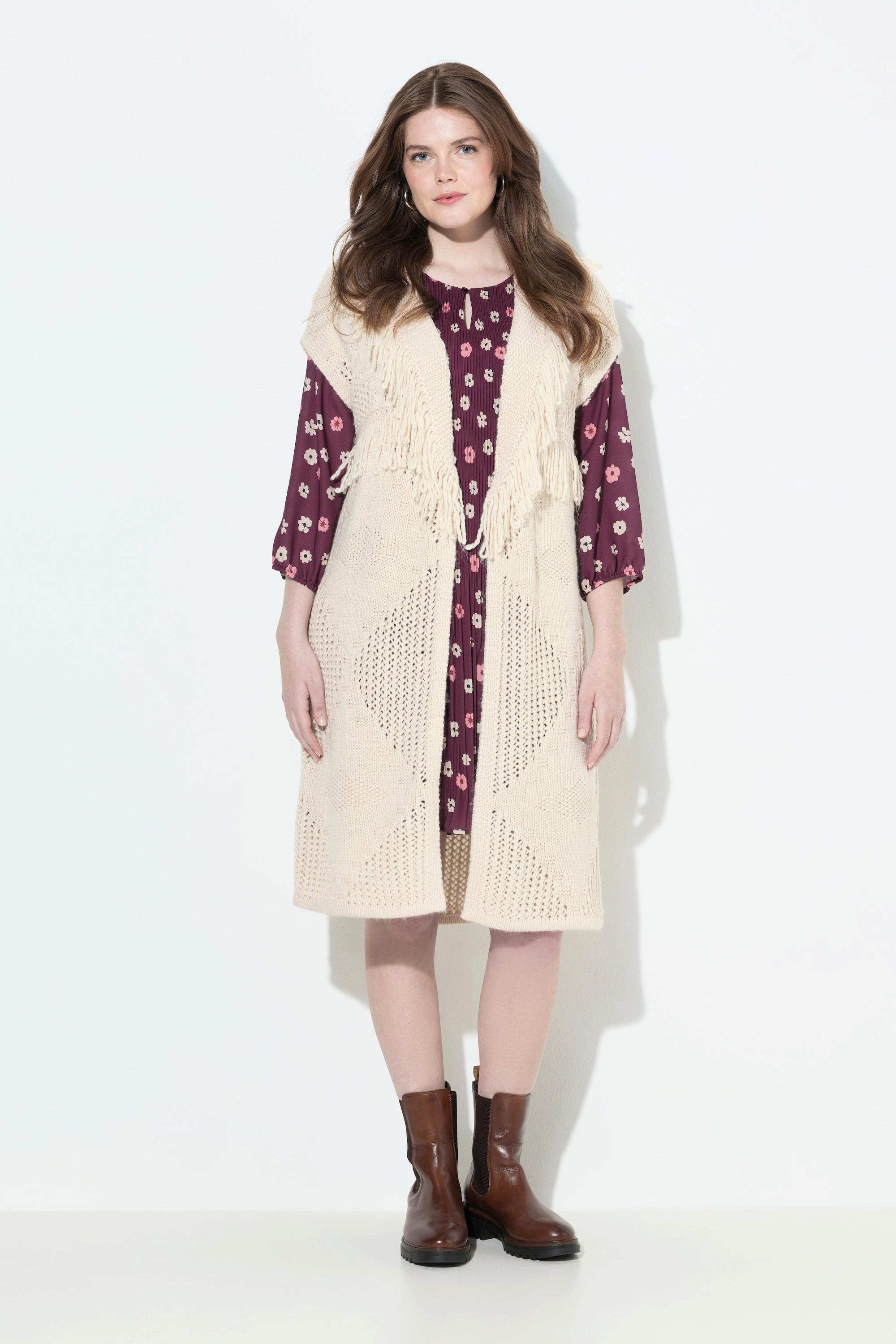 Ulla Popken Lange Oversized Offene Strickweste Rhombenmuster  