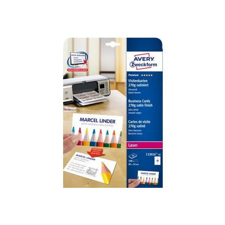 Avery-Zweckform AVERY ZWECKFORM Visitenkarten 85x54mm/A4 C32026-10 weiss, 270g 100 Stück  