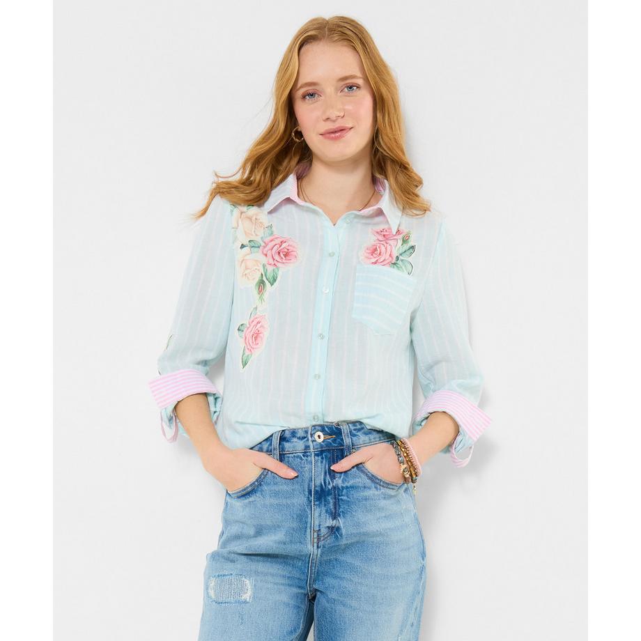 Gestreiftes Hemd mit Rosenapplikationen im Retro-Stil