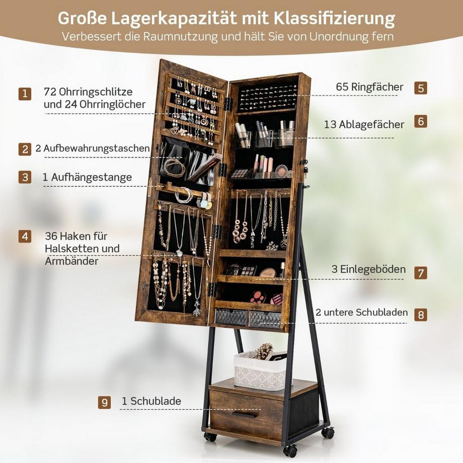 Northio Armoire à bijoux avec miroir et tiroir, armoire à bijoux avec roulettes  