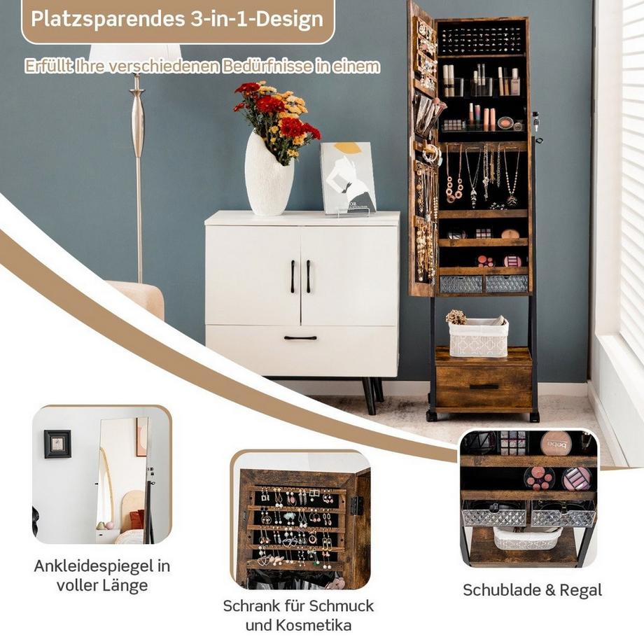 Northio Armoire à bijoux avec miroir et tiroir, armoire à bijoux avec roulettes  