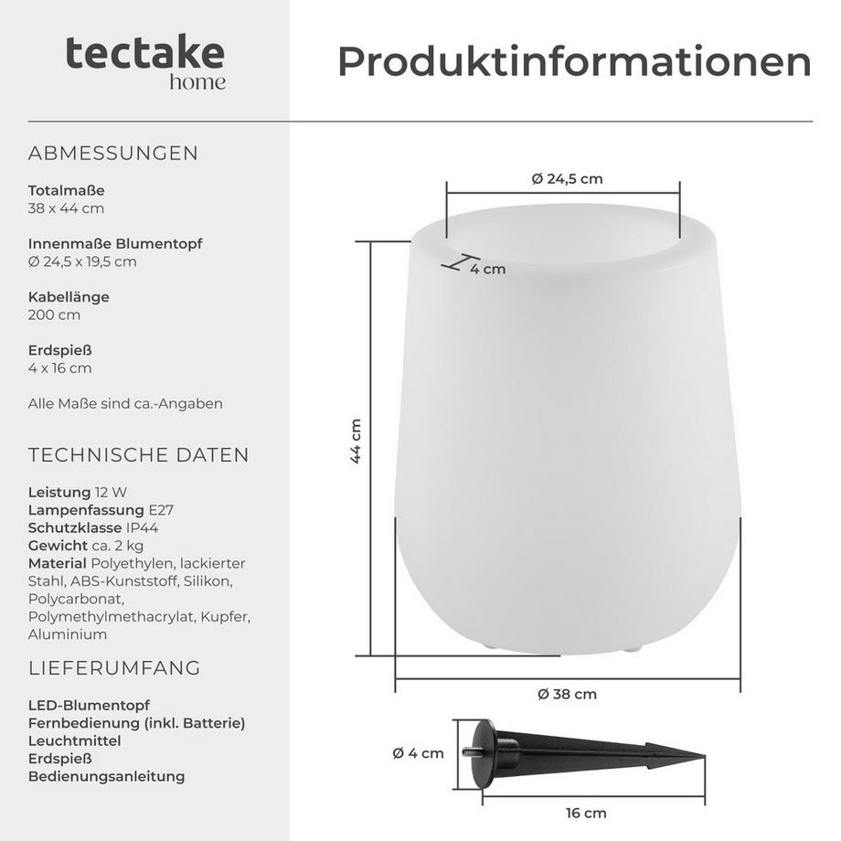 Tectake LED-Blumentopf Luminous Courve Pot als Blumentopf mit LED-Beleuchtung, 12 W 16 RGB-Farben und 5 Lichtmodi  