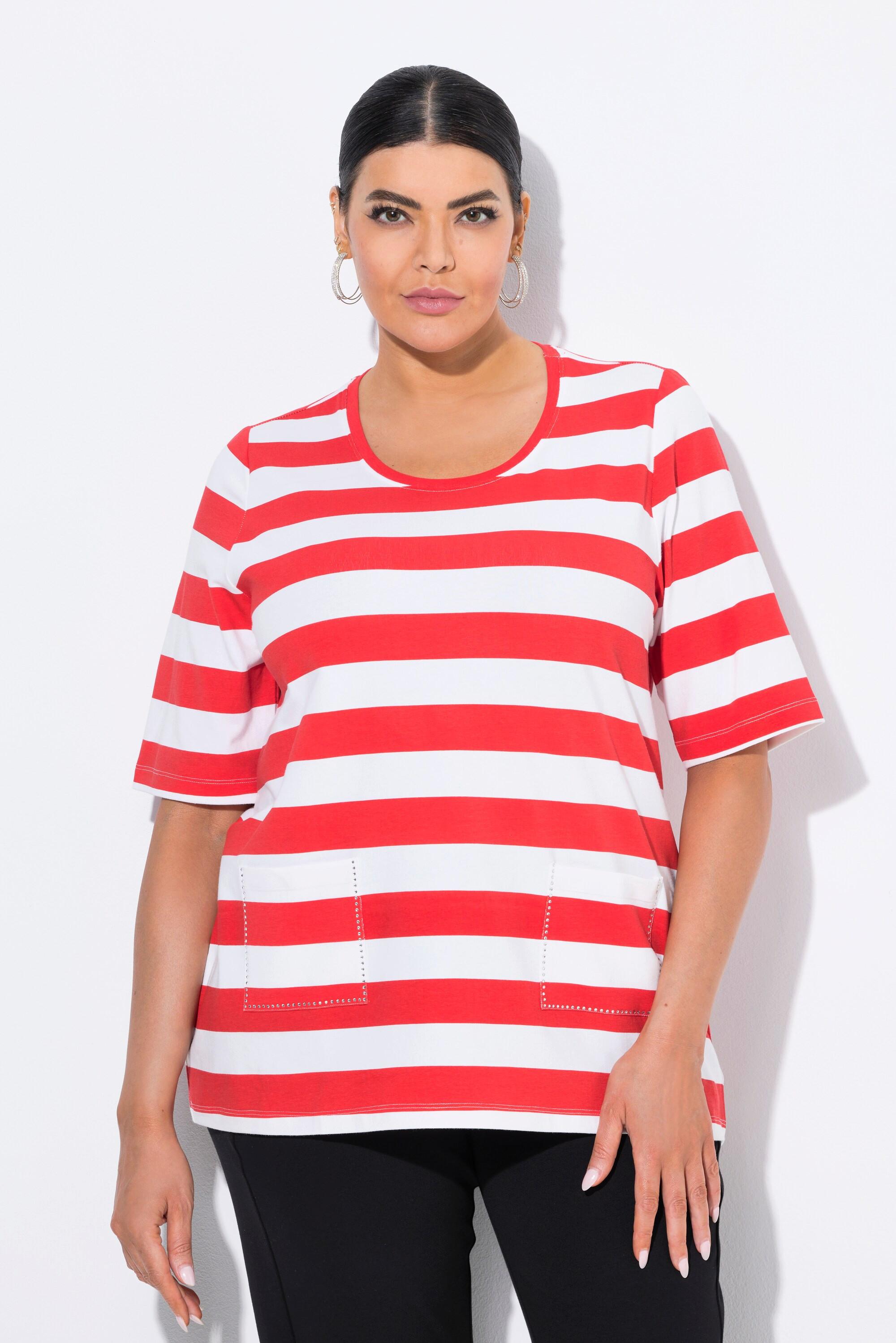 Ulla Popken T-shirt Rayé Classique Col Rond Manches Courtes avec Poches  