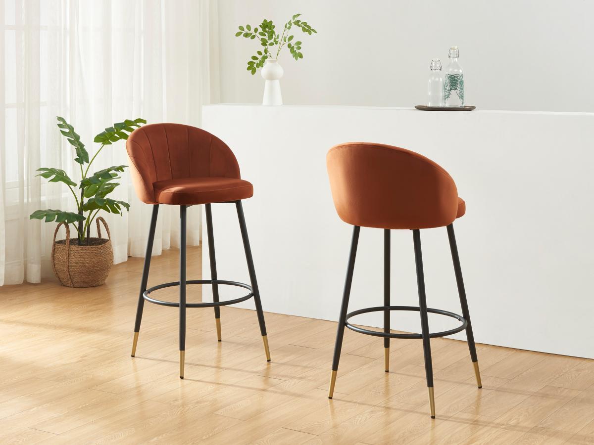 Vente-unique Lot de 2 tabourets de bar en velours et métal - Terracotta - ELIRAM  