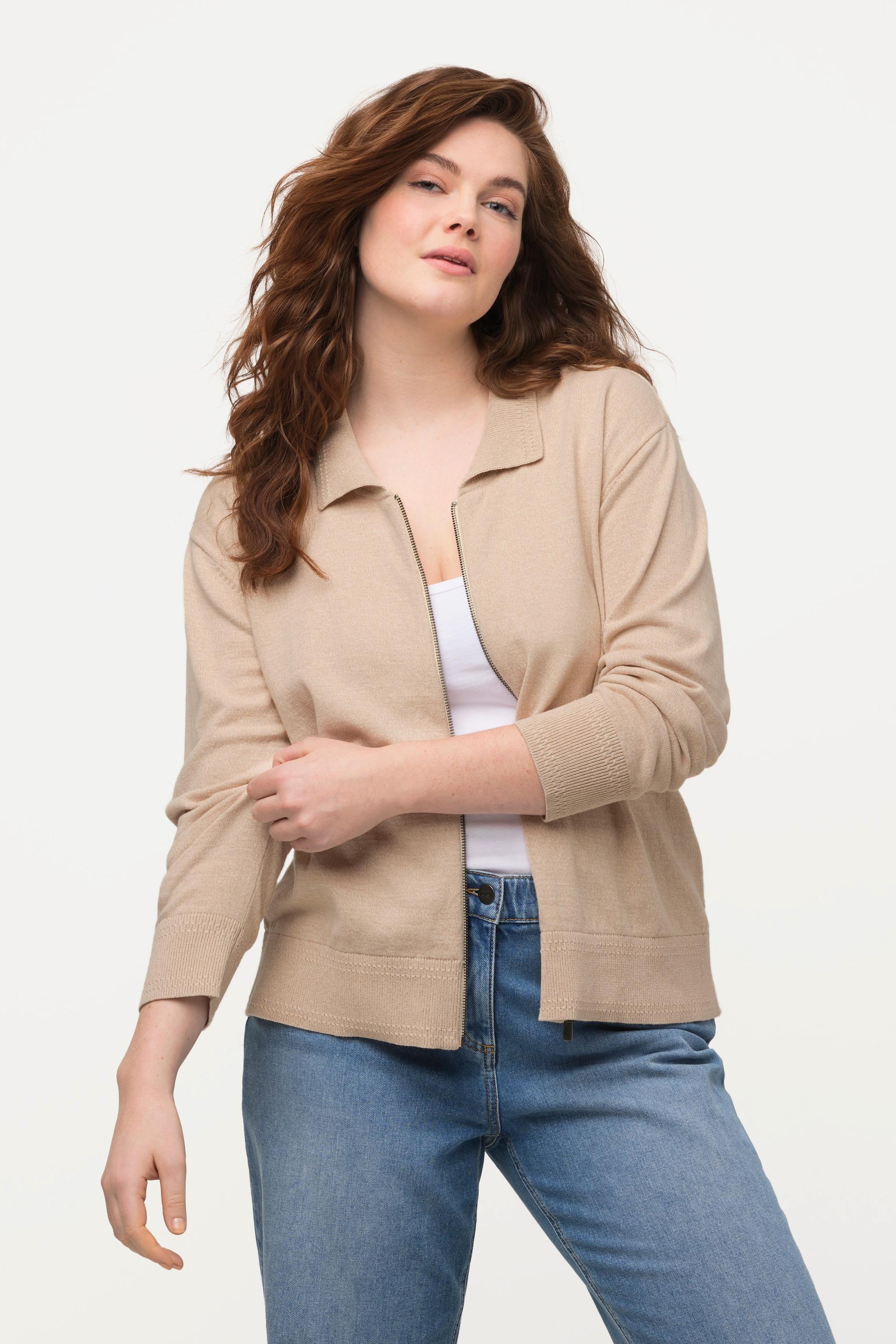 Ulla Popken  Cardigan, col polo, fermeture éclair, coton bio 