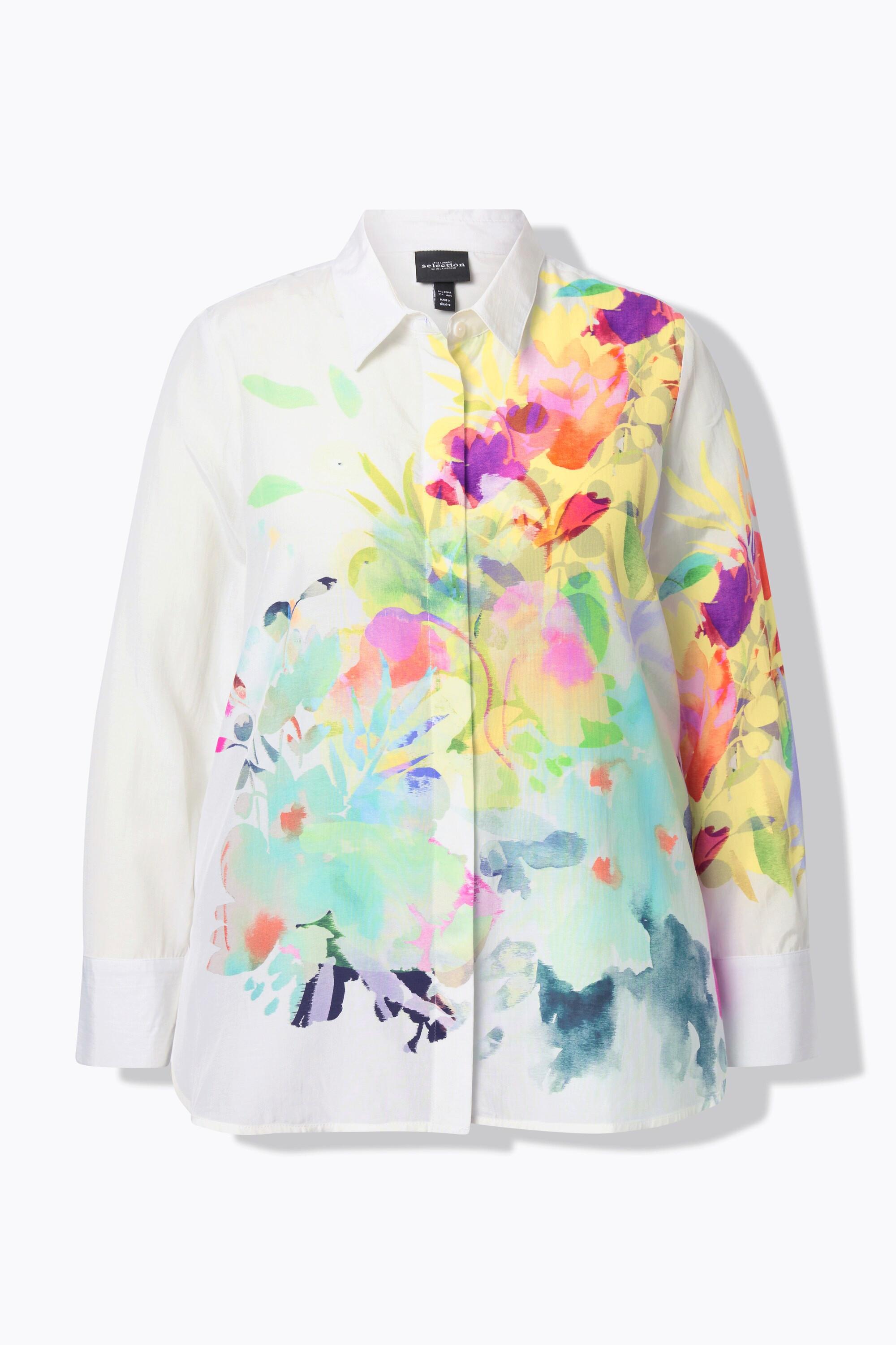 Ulla Popken Blusa Fiori Taglio Svasato Colletto Camicia Maniche Lunghe  