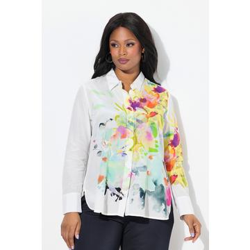 Blusa dal taglio svasato con fiori, colletto da camicia e maniche lunghe