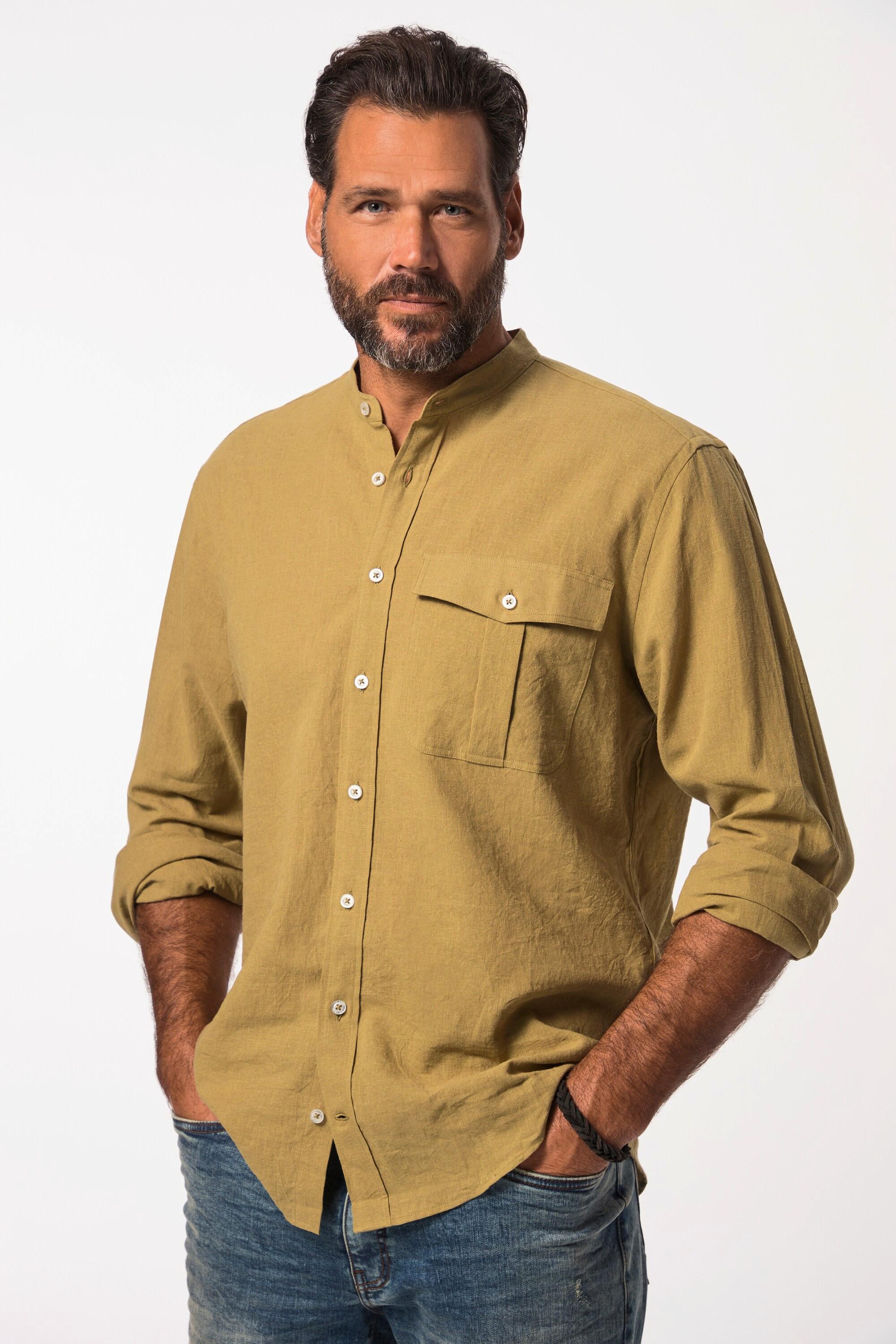 JP1880  Camicia in misto lino dalla vestibilità moderna con colletto alla coreana e maniche lunghe, fino alla tg. 8XL 