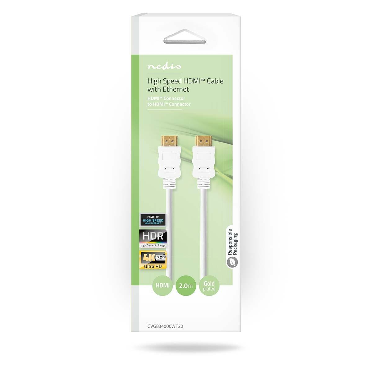 Nedis  Câble HDMI™ haute vitesse avec Ethernet | Connecteur HDMI™ | Connecteur HDMI™ | 4K@30Hz | ARC | 10,2 Gbps | 2,00 m | Rond | PVC | Blanc | Boîte 