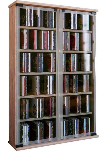 VCM CD Regal Holz | CD Schrank mit ESG-Sicherheitsglastüren für 300 CDs oder 130 DVDs 72-Videos | Maße: H. 92 x B. 60 x T. 18 cm | Elegantes DVD Regal |  