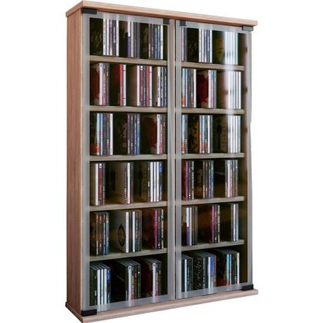 VCM CD Regal Holz | CD Schrank mit ESG-Sicherheitsglastüren für 300 CDs oder 130 DVDs 72-Videos | Maße: H. 92 x B. 60 x T. 18 cm | Elegantes DVD Regal |  