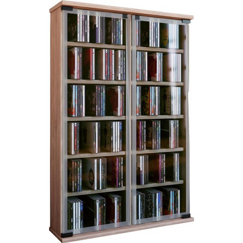 CD Regal Holz | CD Schrank mit ESG-Sicherheitsglastüren für 300 CDs oder 130 DVDs 72-Videos | Maße: H. 92 x B. 60 x T. 18 cm | Elegantes DVD Regal |