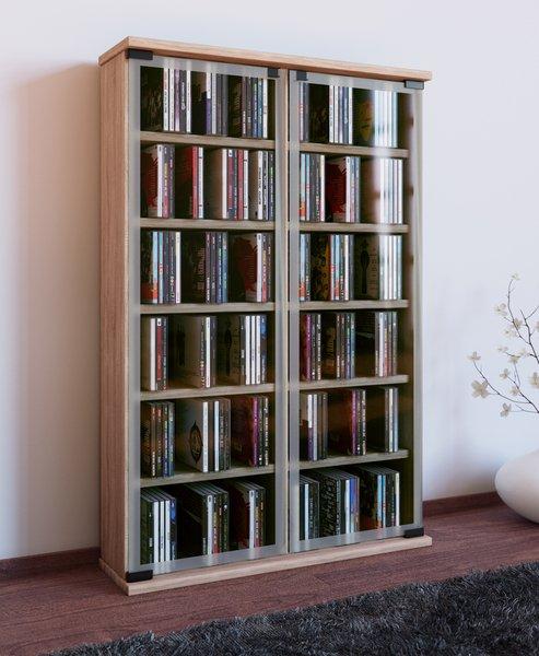 VCM CD Regal Holz | CD Schrank mit ESG-Sicherheitsglastüren für 300 CDs oder 130 DVDs 72-Videos | Maße: H. 92 x B. 60 x T. 18 cm | Elegantes DVD Regal |  