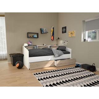 Vente-unique Bett mit Stauraum - 90 x 200 cm - Weiß & Holzfarben + Lattenrost - PAULETTE  