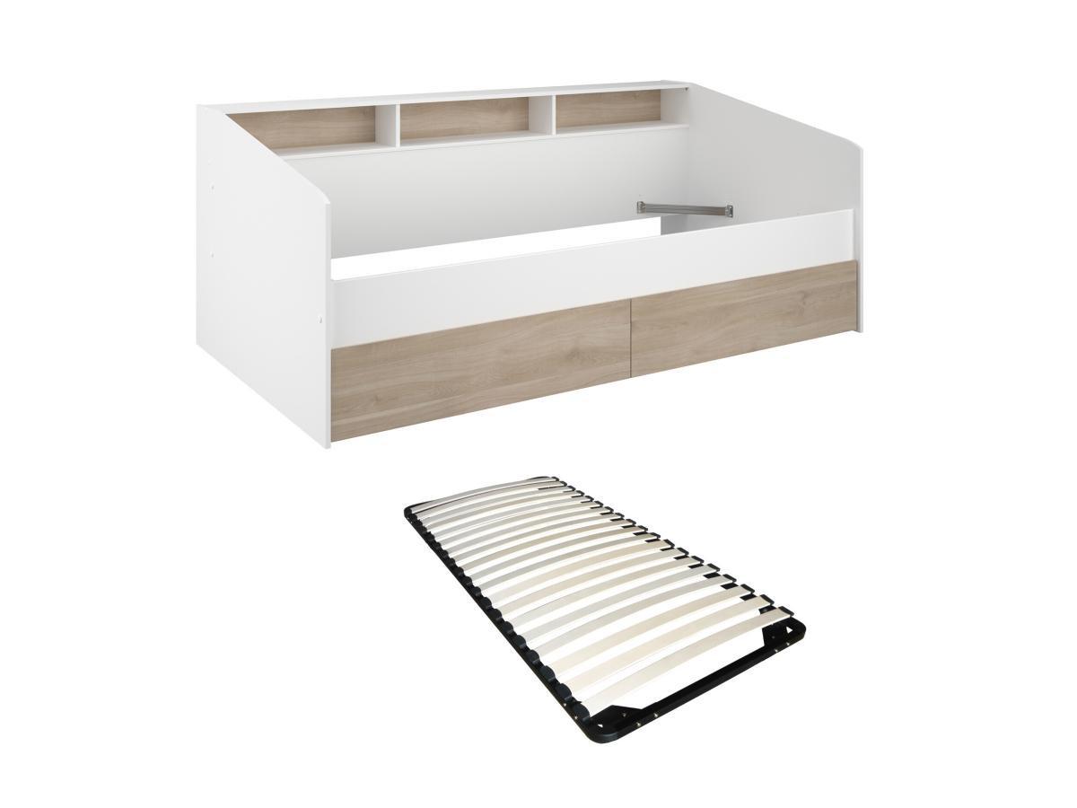 Vente-unique Bett mit Stauraum - 90 x 200 cm - Weiß & Holzfarben + Lattenrost - PAULETTE  