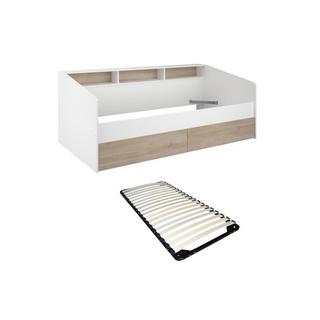 Vente-unique Bett mit Stauraum - 90 x 200 cm - Weiß & Holzfarben + Lattenrost - PAULETTE  