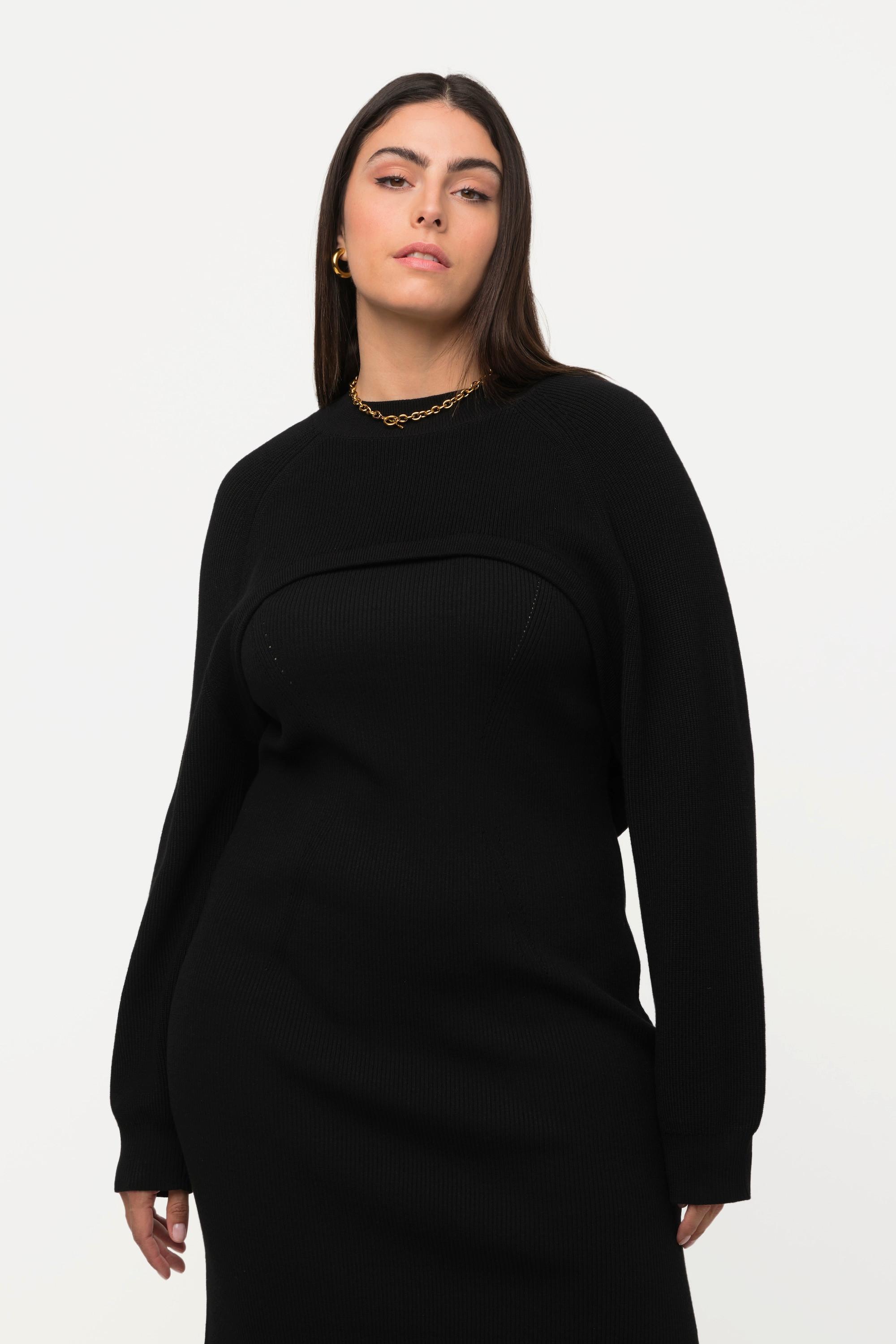 Ulla Popken  Pullover corto in maglia a costa inglese con scollo a girocollo e maniche lunghe 