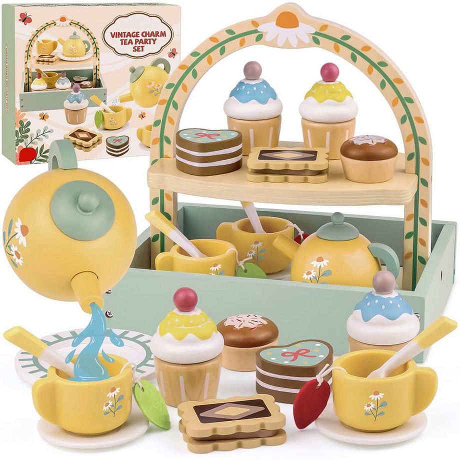 Teeservice aus Holz für Kinder, Spielküchenzubehör, Teeservice für Kinder, Teepartygeschirr