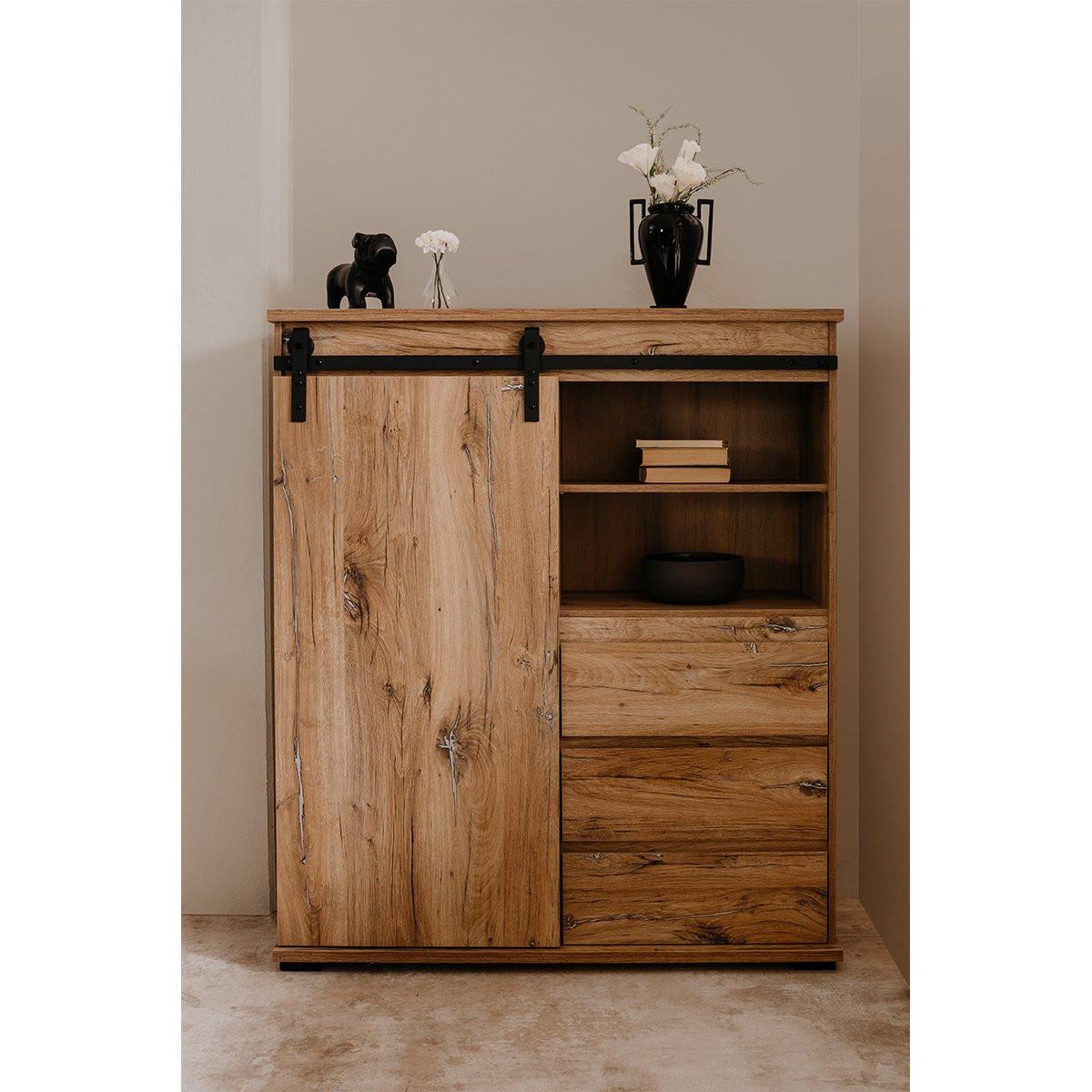 Calicosy Highboard mit 1 Schiebetür, 3 Schubladen und 2 Ablagen L120 cm - Manzano  