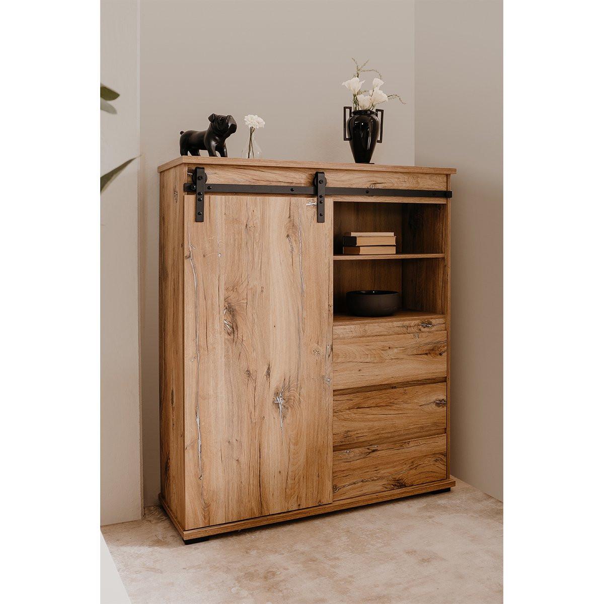 Calicosy Highboard mit 1 Schiebetür, 3 Schubladen und 2 Ablagen L120 cm - Manzano  