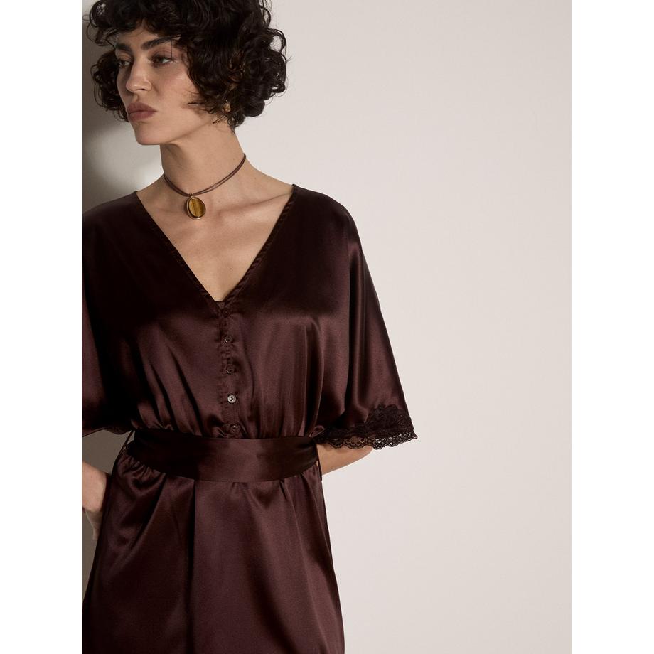 APRICOT Spitzenbesatz Satin Kimono Minikleid  