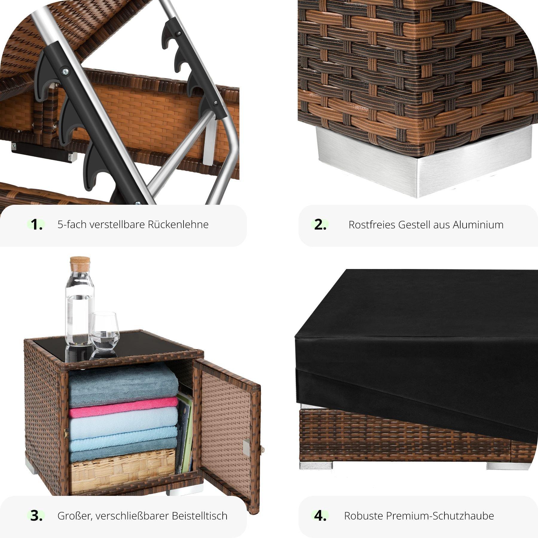 Tectake 2 lettini prendisole  in rattan con telaio in alluminio, tavolo e telo protettivo  