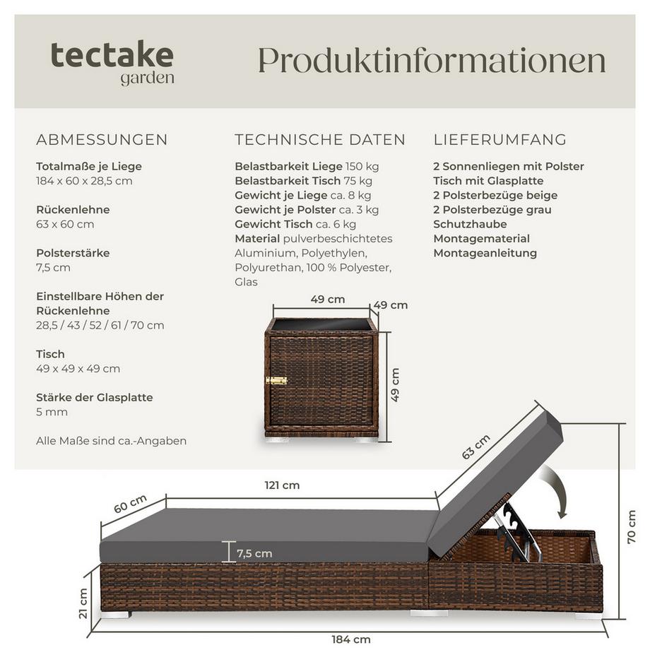 Tectake 2er Set Aluminium Rattan Sonnenliegen  wetterfest und UV-beständig 5-fach verstellbare Rückenlehne, Dicke des Polsters 7,5 cm  