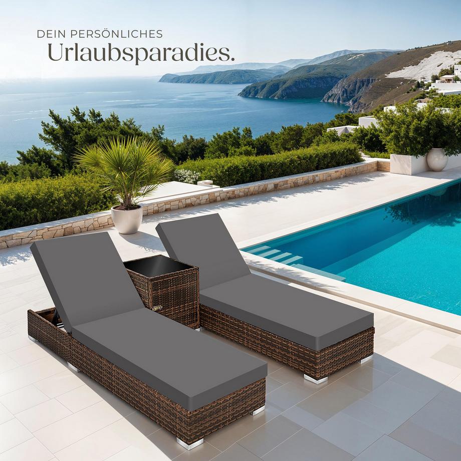 Tectake 2er Set Aluminium Rattan Sonnenliegen  wetterfest und UV-beständig 5-fach verstellbare Rückenlehne, Dicke des Polsters 7,5 cm  