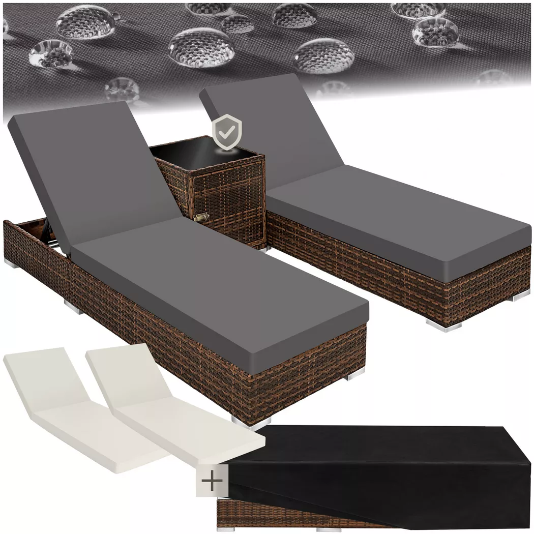 tectake® 2er Set Aluminium Rattan Sonnenliegen, wetterfest und UV-beständig, Tisch mit Staufach, inklusive 2 Bezugssets und Schutzhülle
