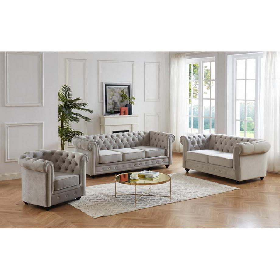 Vente-unique Divano 3+2+1 posti Velluto Grigio CHESTERFIELD  