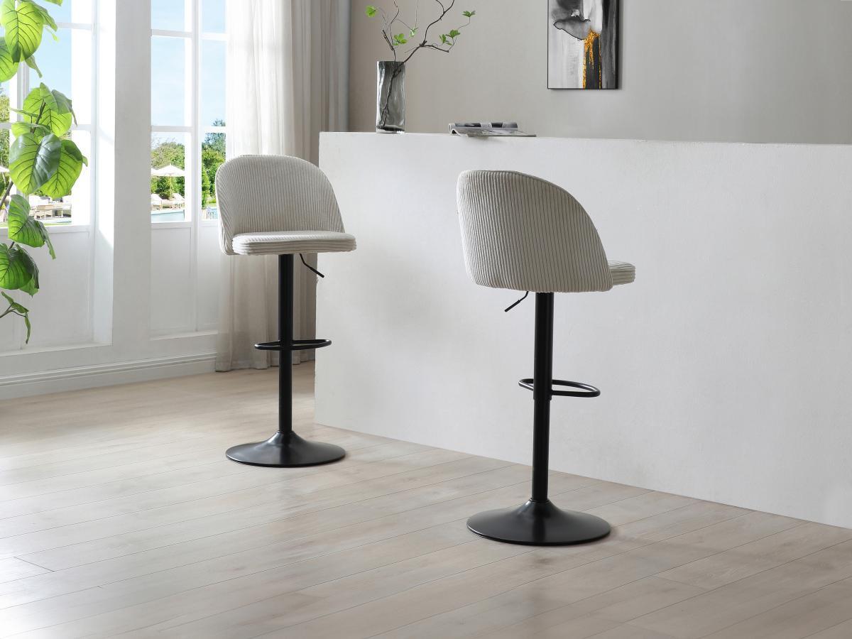 Vente-unique Lot de 2 tabourets de bar en velours côtelé et métal noir - Hauteur réglable - Crème - ALPALI  