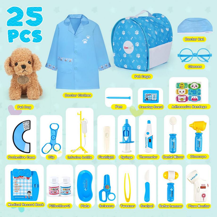 Activity-board  Jeu de vétérinaire, mallette de médecin pour enfants, kit avec chien en peluche, mallette de jeu de rôle pour médecin 
