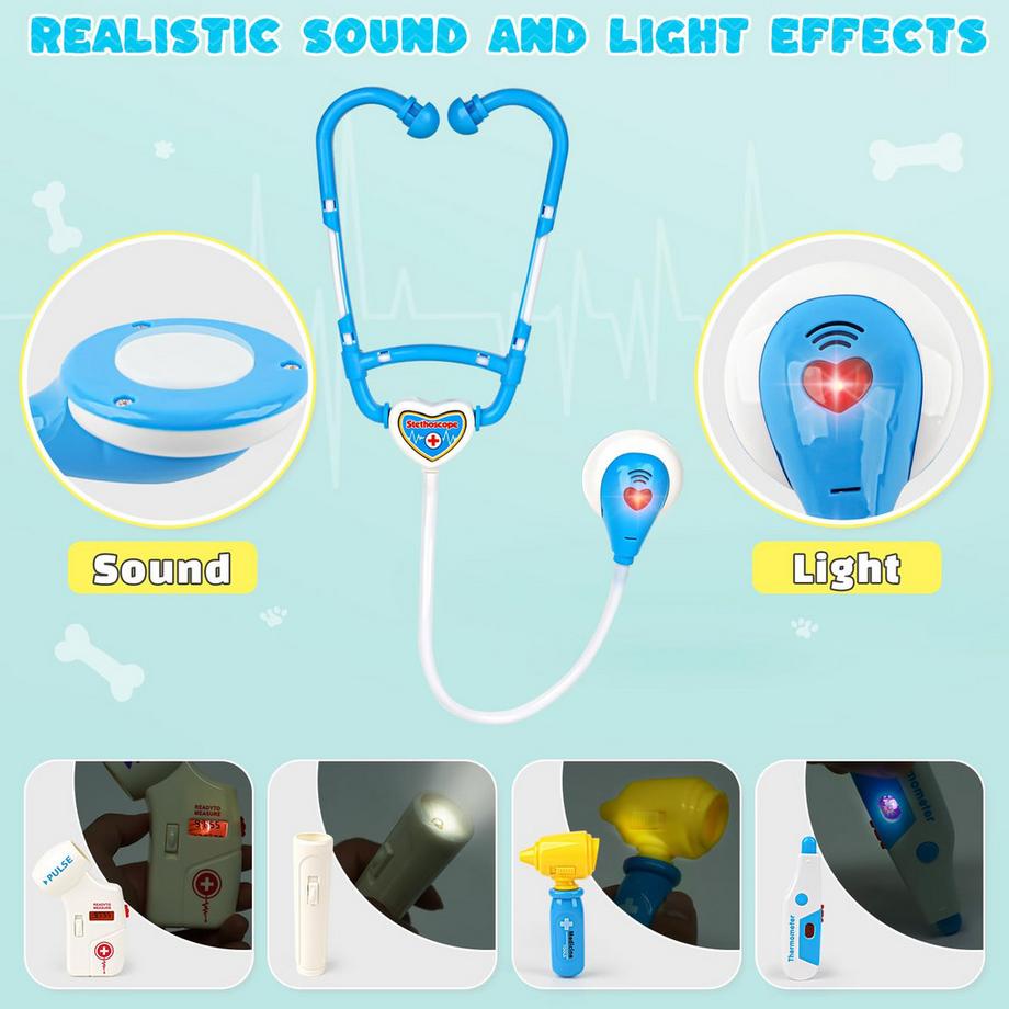 Activity-board  Jeu de vétérinaire, mallette de médecin pour enfants, kit avec chien en peluche, mallette de jeu de rôle pour médecin 
