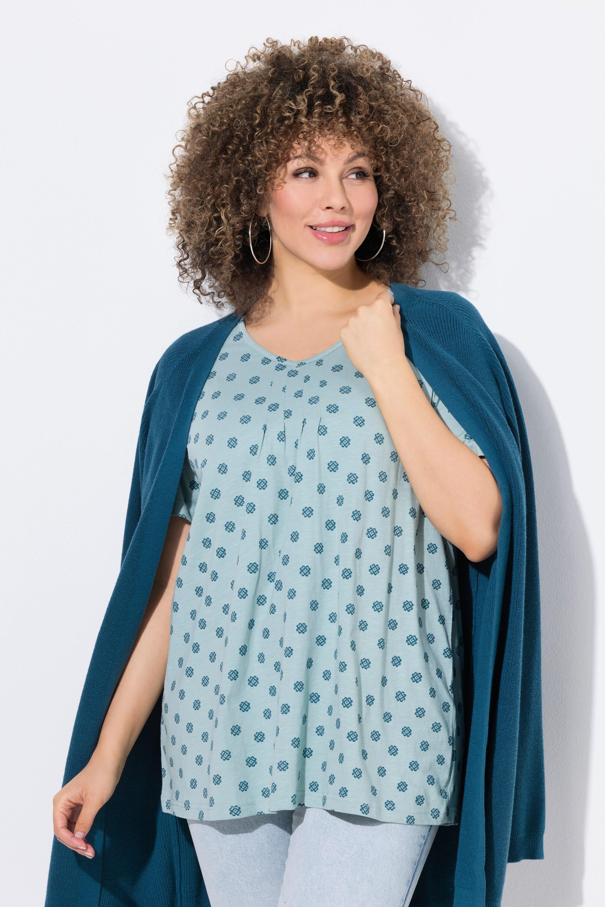 Ulla Popken T-shirt Nervature Taglio Svasato Scollo a V Mezze Maniche  