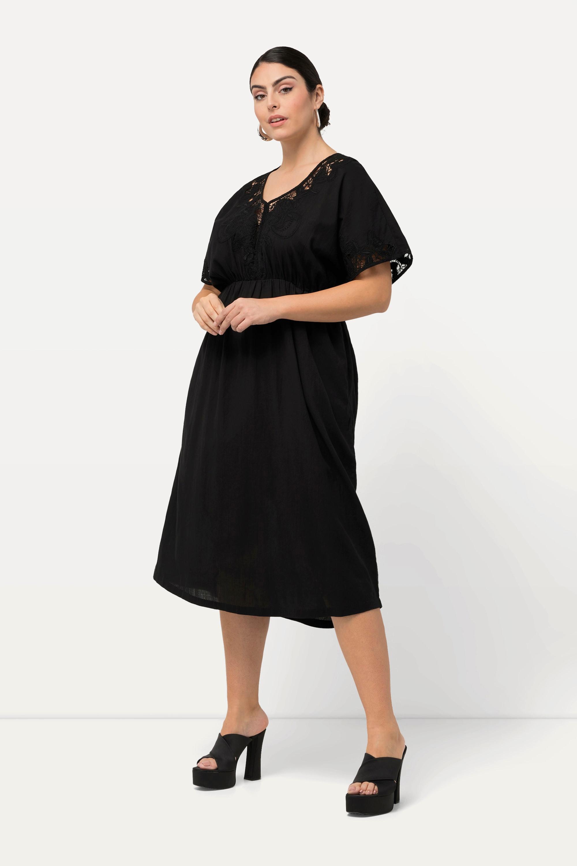 Ulla Popken  Kleid, Stickerei, Oversized, V-Ausschnitt, Halbarm 