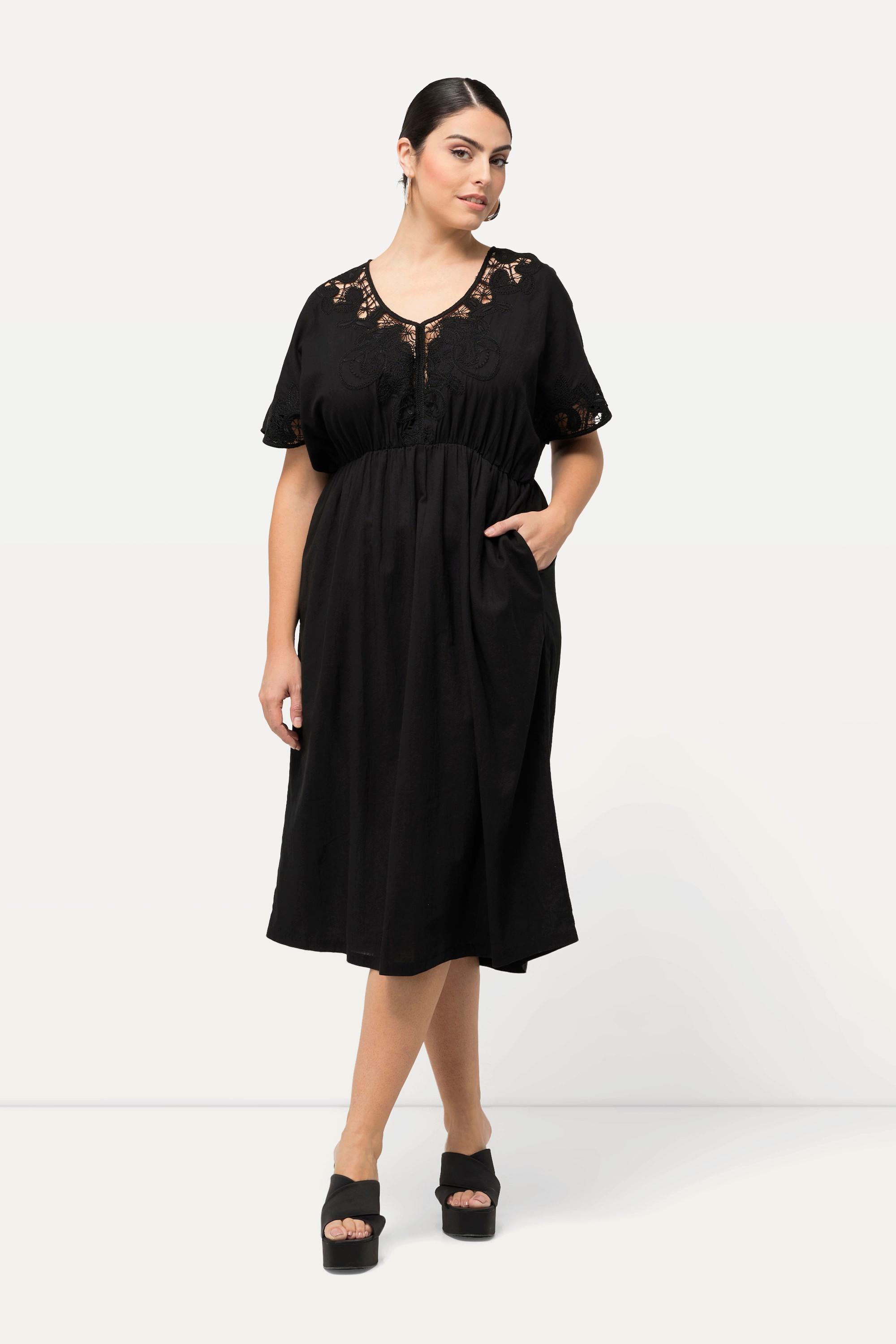 Ulla Popken  Kleid, Stickerei, Oversized, V-Ausschnitt, Halbarm 